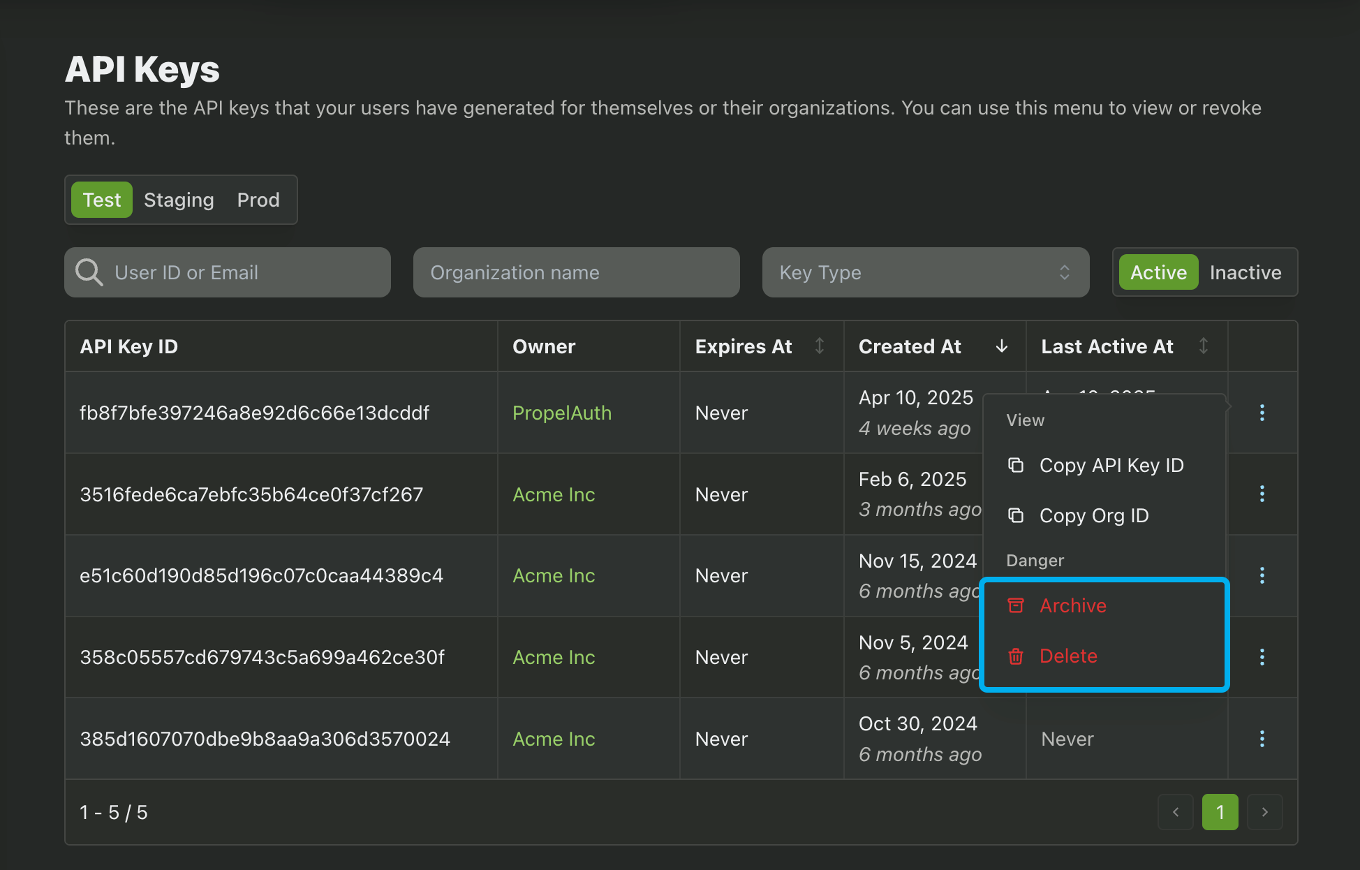 Archiving and deleting API Keys